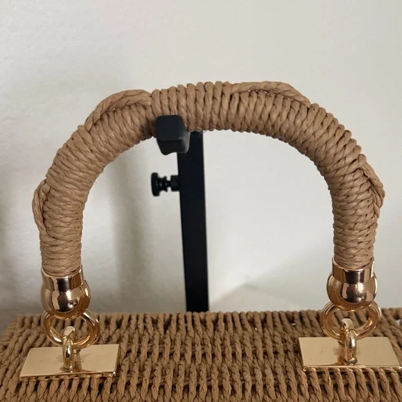 Urban Expressions Woven Mini Top-Handle Bag in Natural Tan with Gold Hardware. - Picture 2 of 11